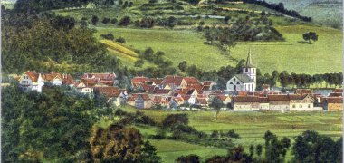 Das Bild zeigt eine historische Ansicht mit Blick auf die Burg Breuberg in Farbe.