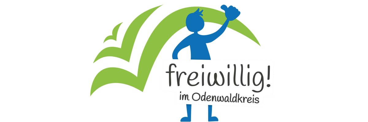 Das Bild zeigt das Logo zum "Freiwillig im Odenwaldkreis" - ein blaues Männchen das ein Schild mit diesem Schriftzug hält