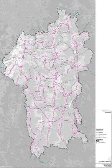 Das Bild zeigt eine Karte des Odenwaldkreises, auf der in Magenta mögliche Radwege eingezeichnet sind