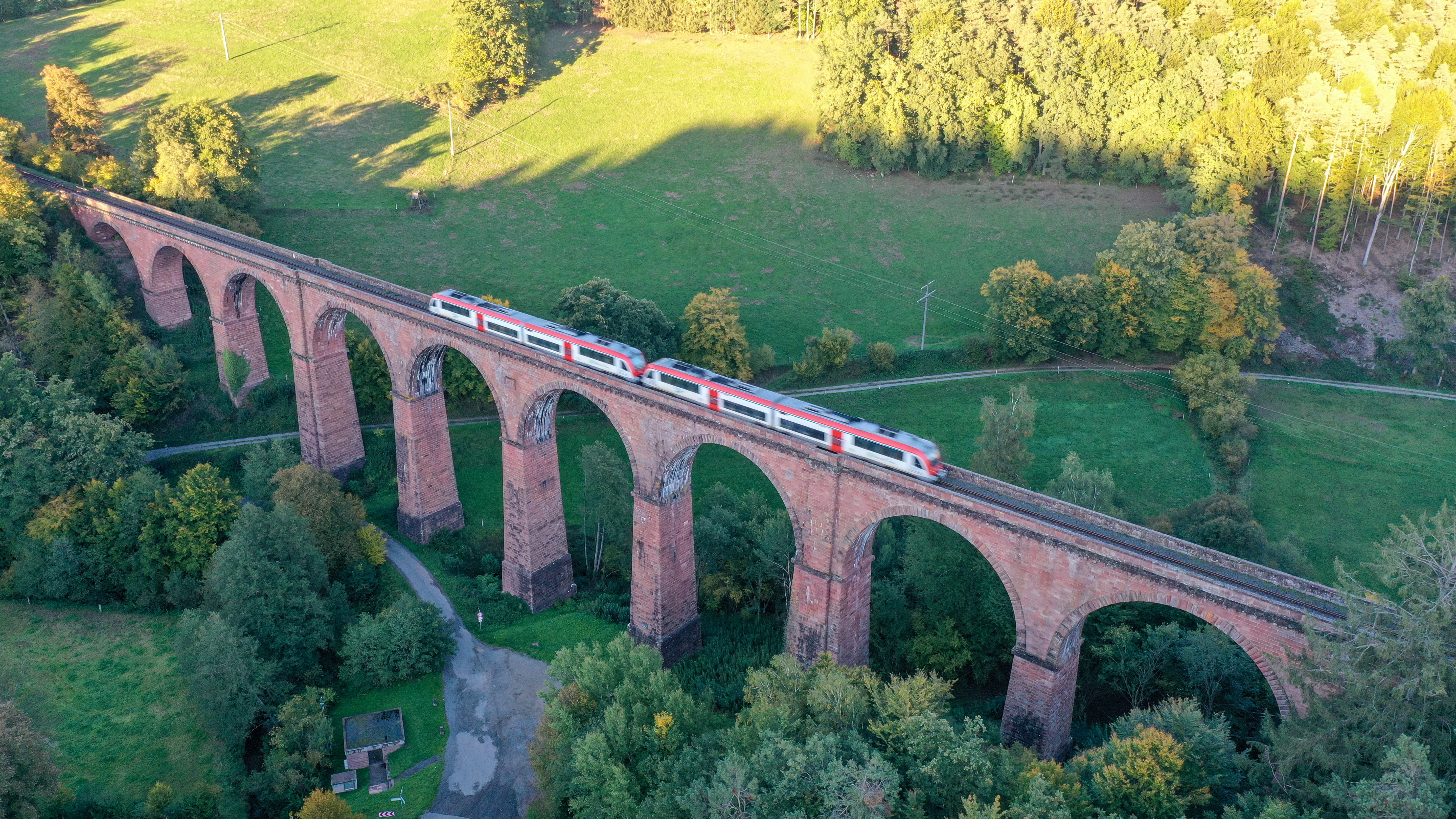 Das Bild zeigt einen Zug der Odenwald-Bahn, der über das Himbächel-Viadukt fährt.