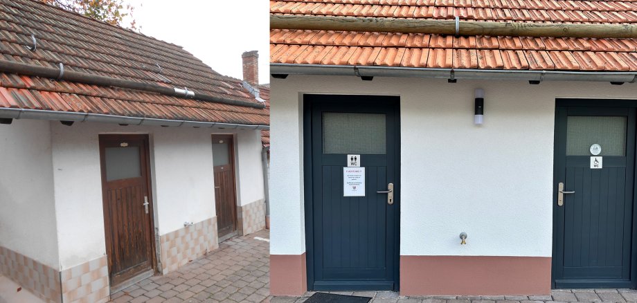 Das Foto zeigt ein Toilettenhäuschen in Oberzent-Beerfelden vor und nach der Sanierung.