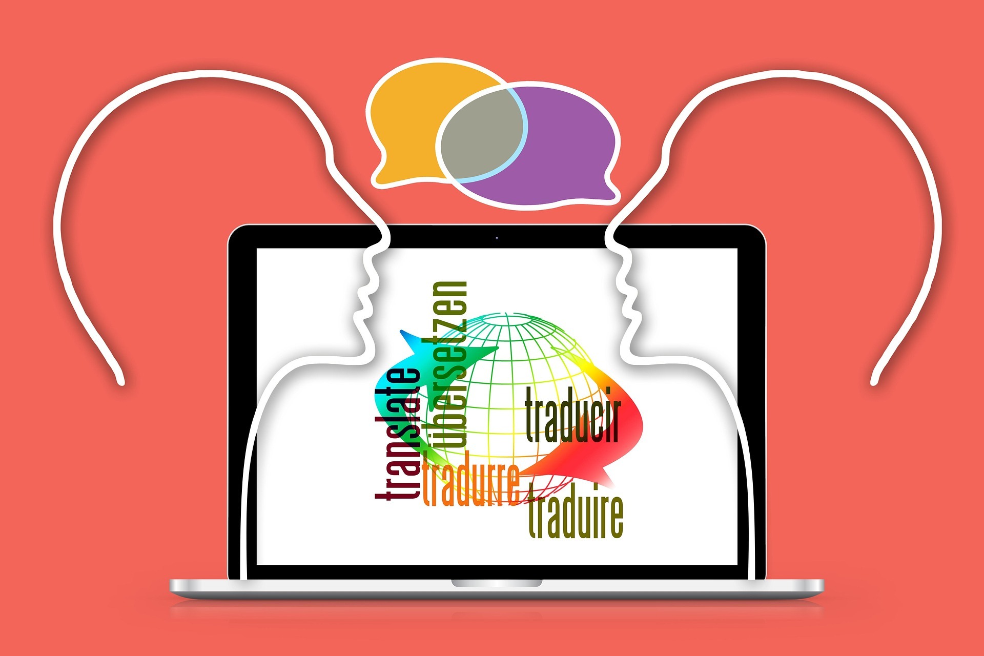 Die Illustration zeigt zwei gezeichnete Köpfe, die einander zugewandt sind und dahinter das Wort "übersetzen" in mehreren Sprachen.
