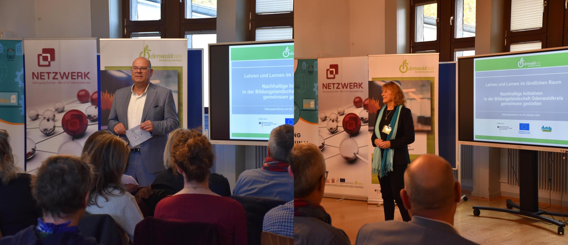 Das Foto zeigt den Ersten Kreisbeigeordneten Grobeis und die Geschäftsführerin des Geo-Naturparks Bergstraße-Odenwald, Dr. Weber, in der Konferenz.