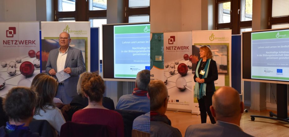 Das Foto zeigt den Ersten Kreisbeigeordneten Grobeis und die Geschäftsführerin des Geo-Naturparks Bergstraße-Odenwald, Dr. Weber, in der Konferenz.