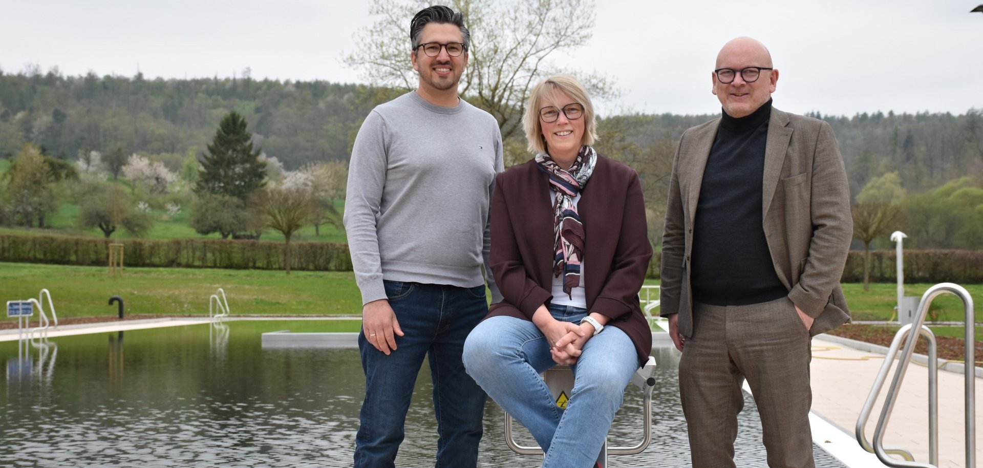 Landrat Matiaske, Bürgermeister Horlacher und Fördermittelberaterin Büchner