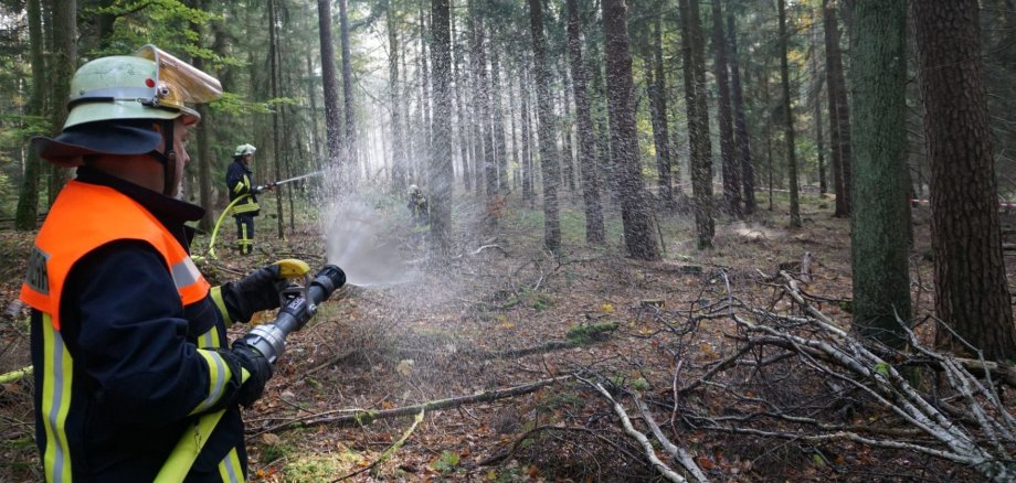 Feuerwehrleute bei einer Übung zur Waldbrandbekämpfung in Mossautal